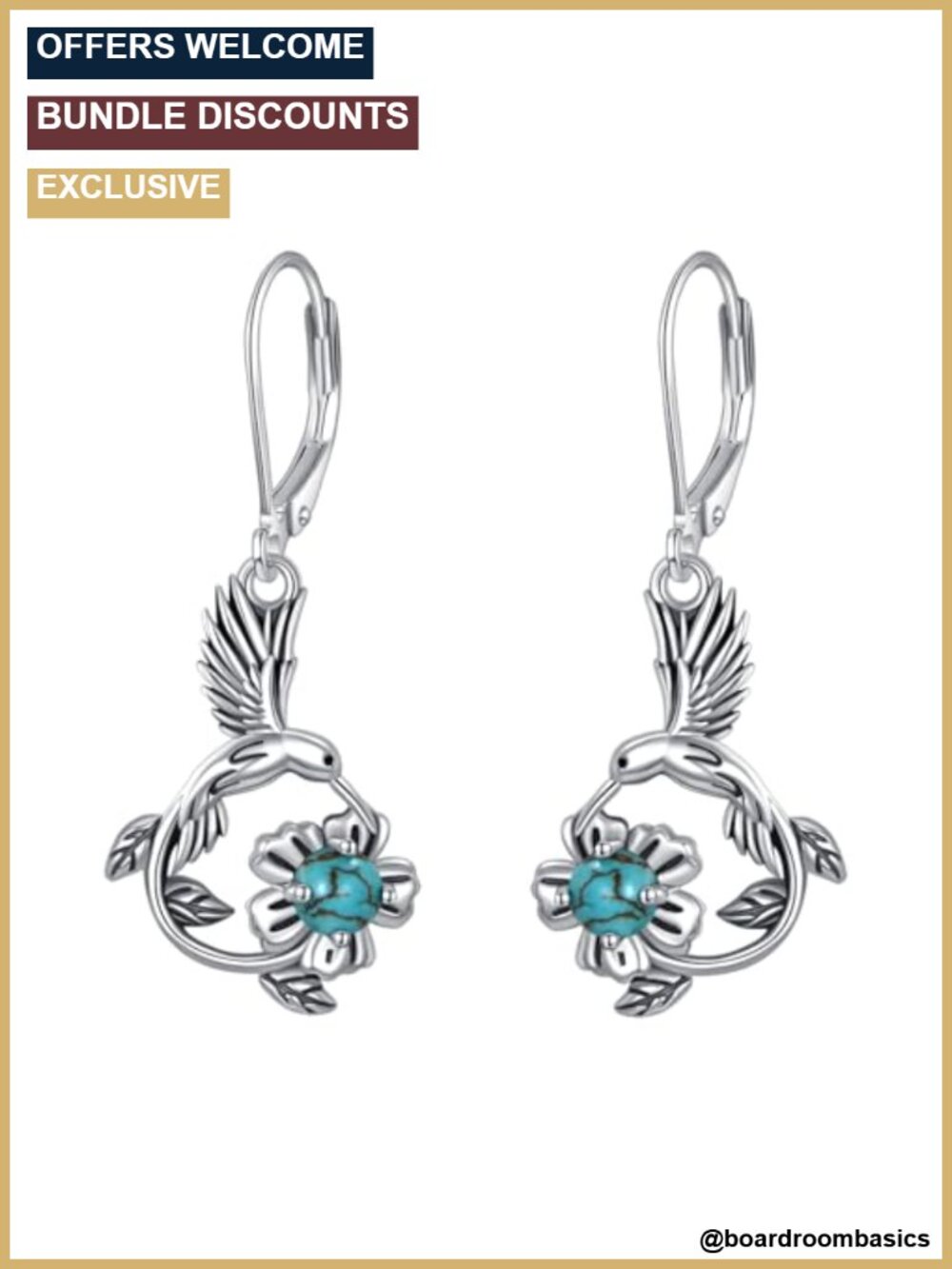 Teardrop Genuine Turquoise Hummingbird Dangle Earrings 925 Sterling Silver Retro